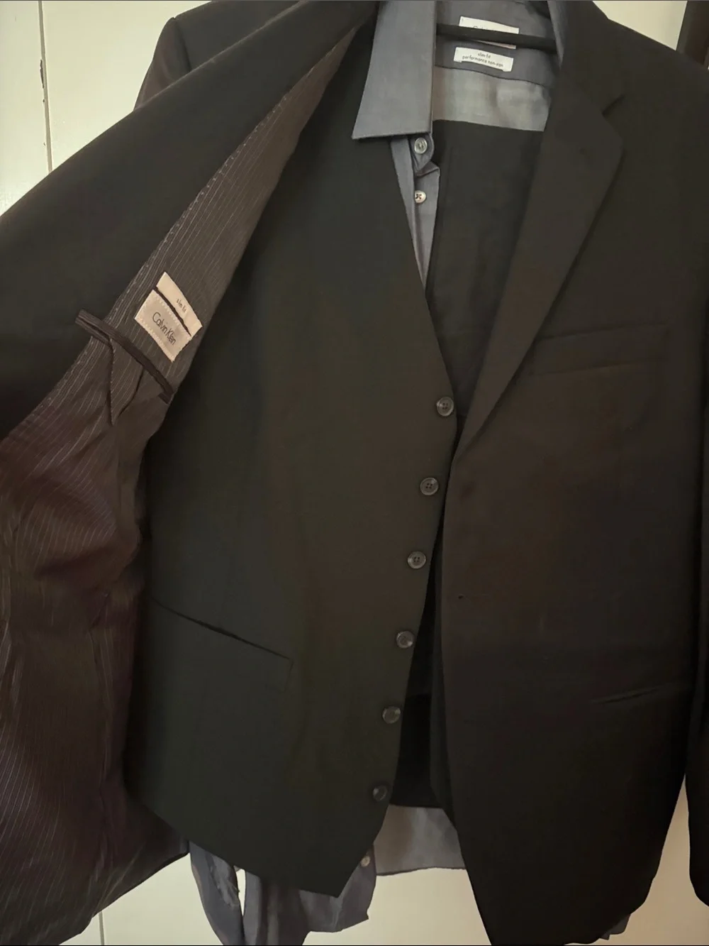 Calvin Klein Black Men's Two-Button Suit Jacket with Blue Tie